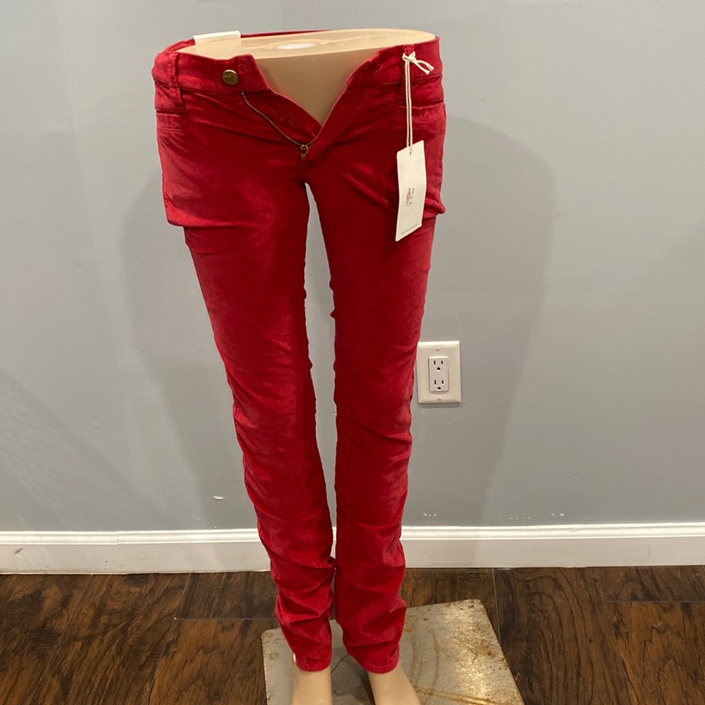 Red velvet skinny leg women pants